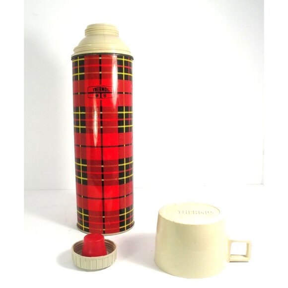 Vintage King Sealy Thermos Red Plaid Metal Vacuum Bottle With Cream Cap & Handle - Picture 5 of 7